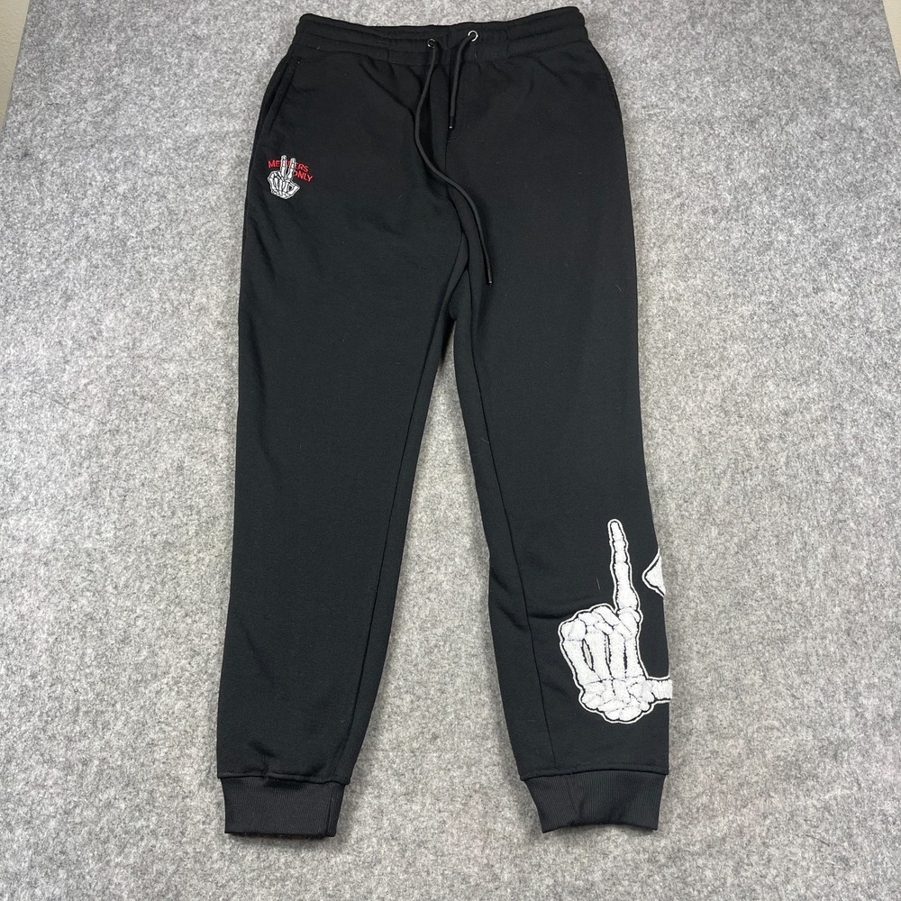 Members Only Skeleton Hand Joggers Sweatpants Medium Black Embroidered Fleece‎